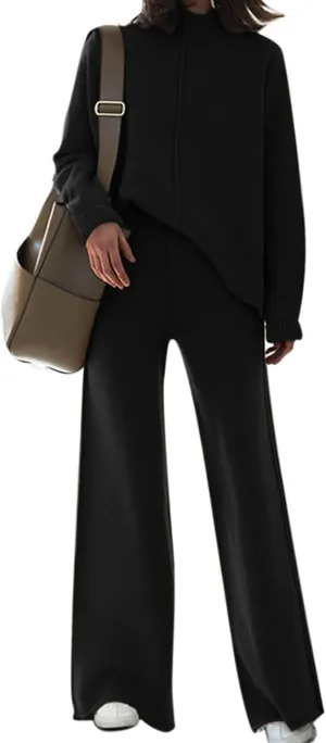 Meenew Women's High Neck 2 Piece Sweatsuit Long Sleeve Knit Sweater Tops Wide Leg Pants Set Outfits