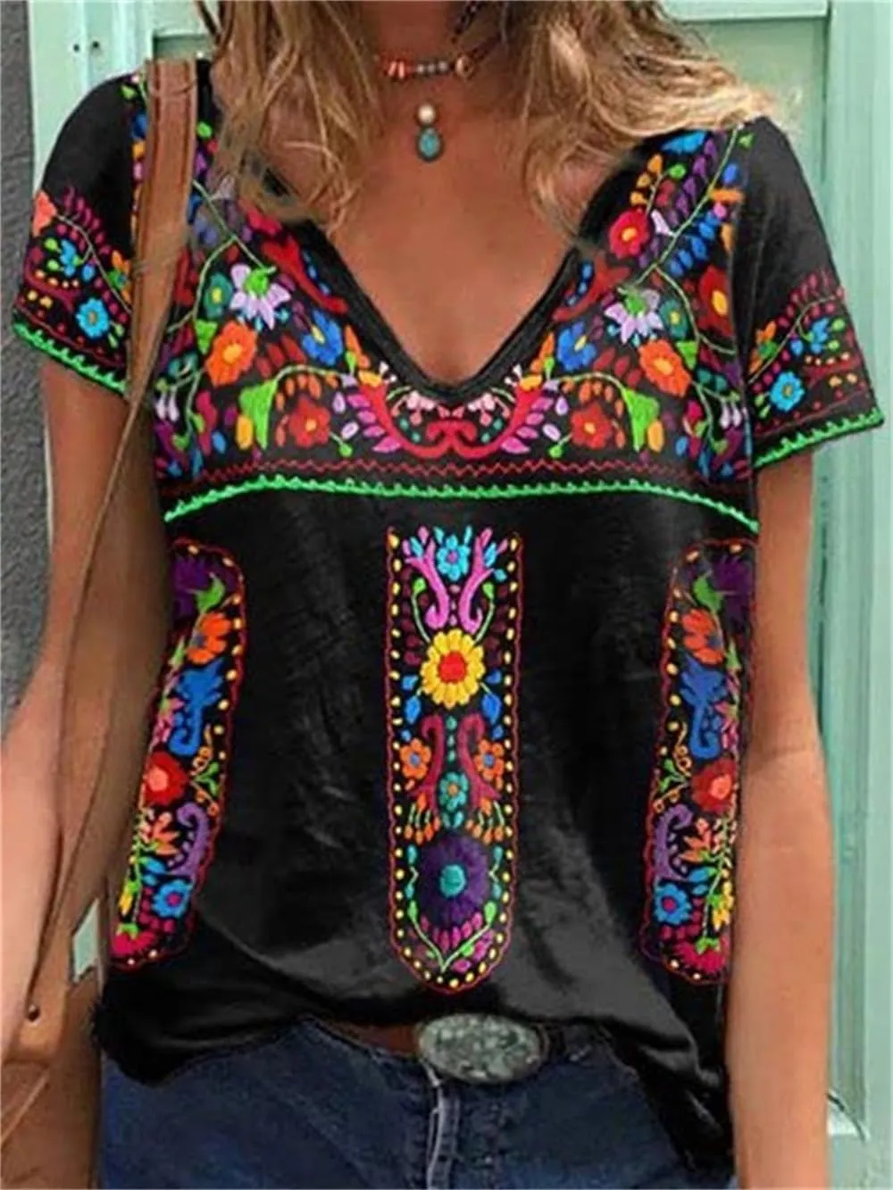 Melliflo Fiesta Mexican Shirts for Women V Neck Floral Print Boho Short Sleeve Casual Embroidered Tops