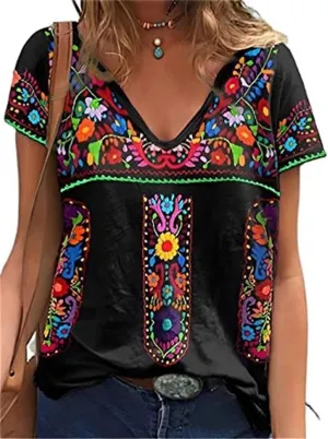 Melliflo Fiesta Mexican Shirts for Women V Neck Floral Print Boho Short Sleeve Casual Embroidered Tops
