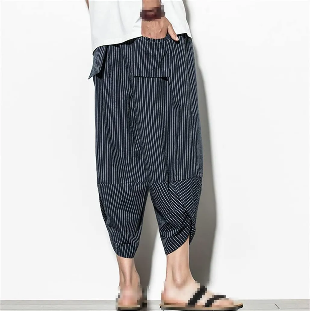 Men Baggy Cotton Harem Pants Summer Vintage Striped Pants Men Women Hip Hop Plus Size Wide Leg Pants