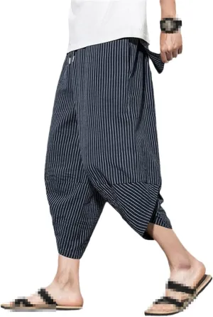 Men Baggy Cotton Harem Pants Summer Vintage Striped Pants Men Women Hip Hop Plus Size Wide Leg Pants