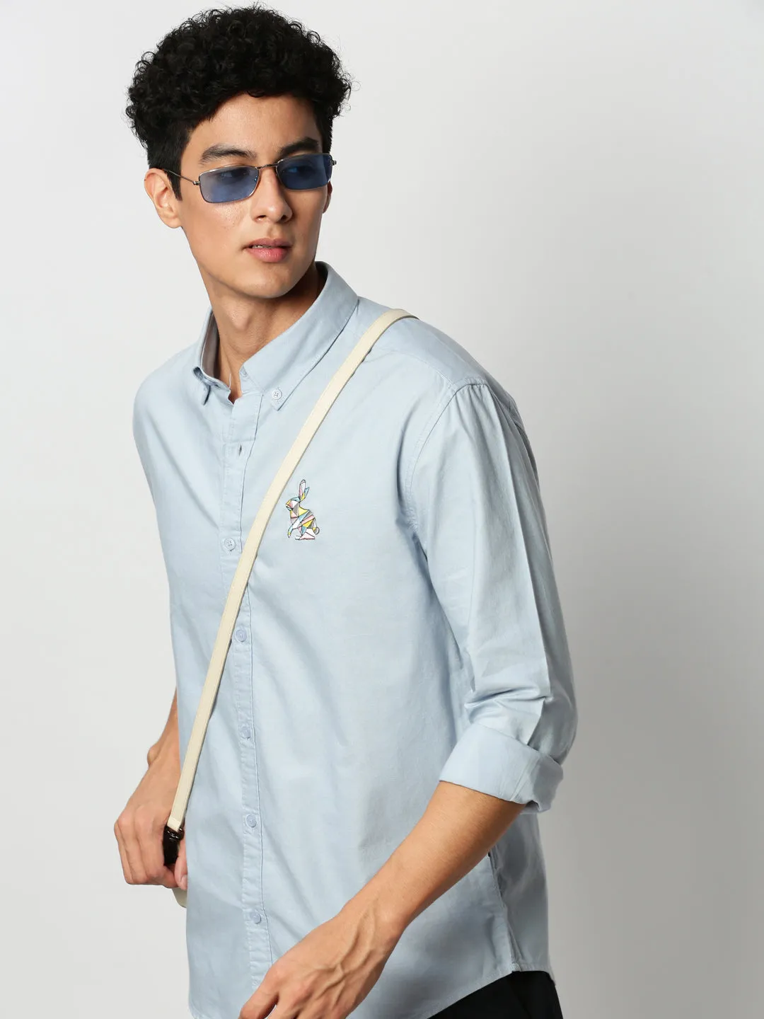Men Blue Premium Embroidered Button Down Collar Oxford Cotton Slim Fit Casual Shirt