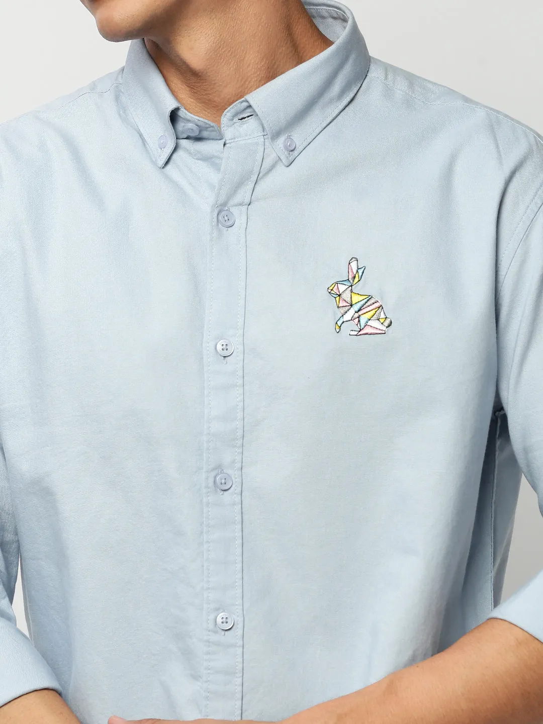 Men Blue Premium Embroidered Button Down Collar Oxford Cotton Slim Fit Casual Shirt