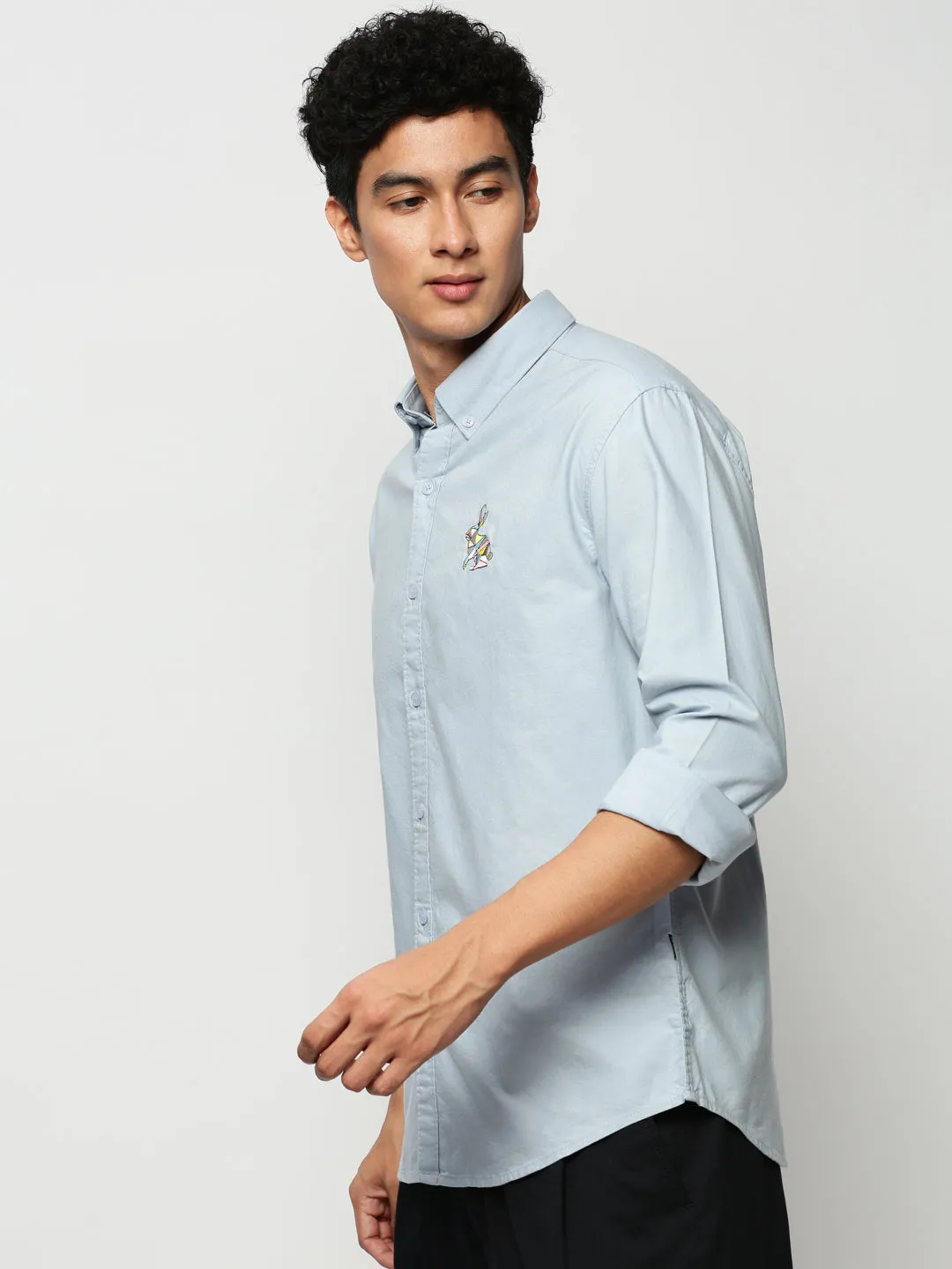 Men Blue Premium Embroidered Button Down Collar Oxford Cotton Slim Fit Casual Shirt