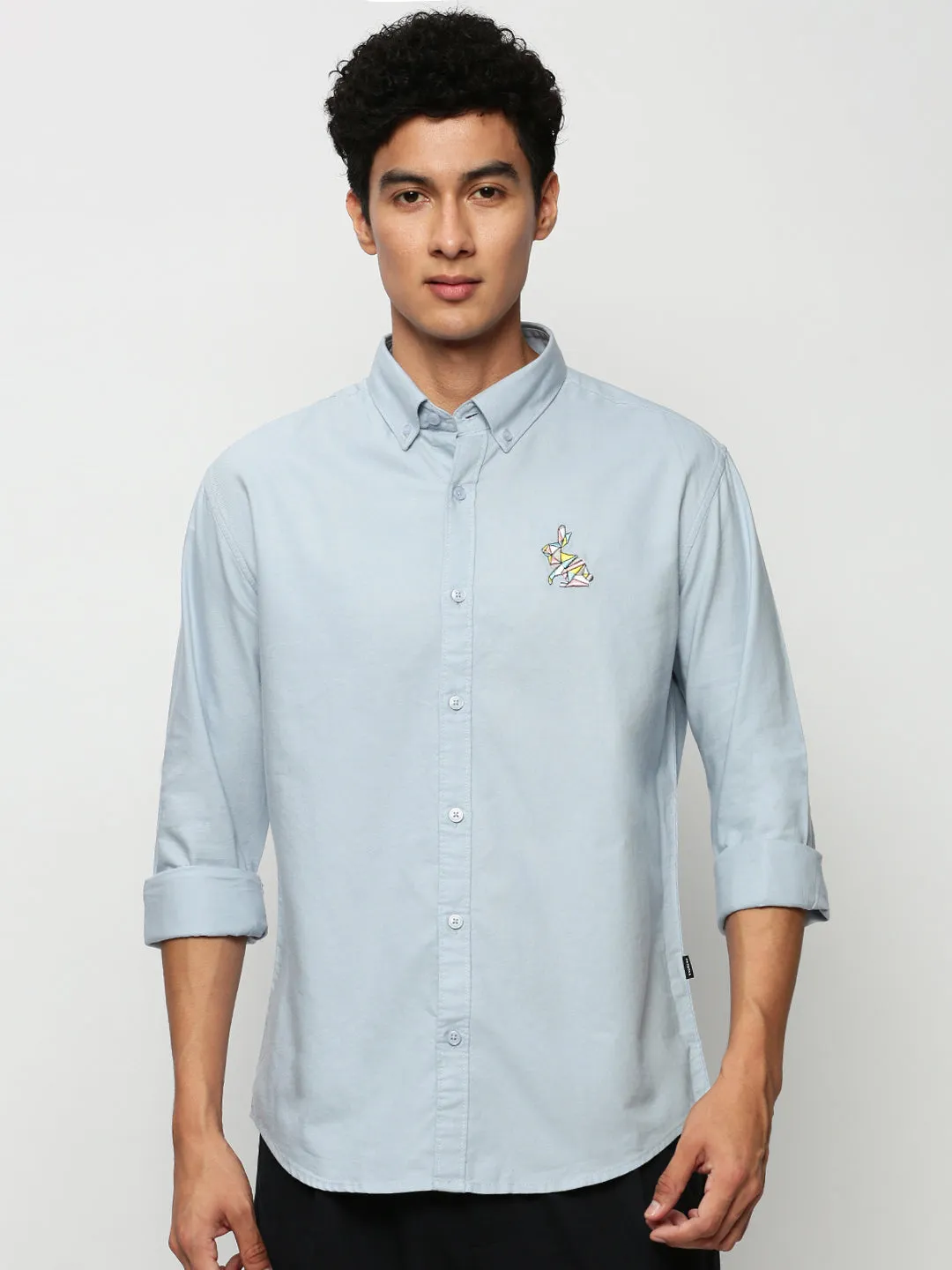 Men Blue Premium Embroidered Button Down Collar Oxford Cotton Slim Fit Casual Shirt
