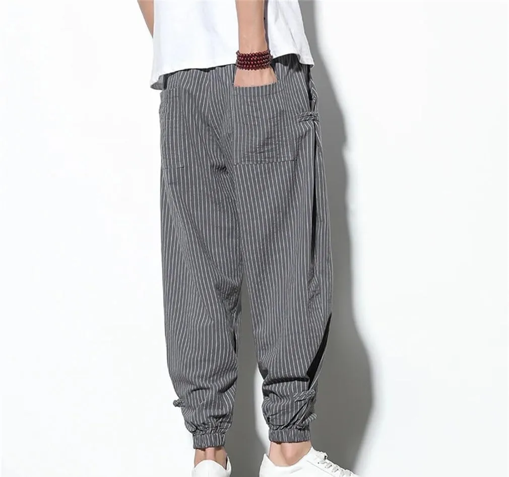 Men Buckle Striped Harem Pants Breathable Cotton Linen Pencil Pants Buckle Casual Jogging Trousers