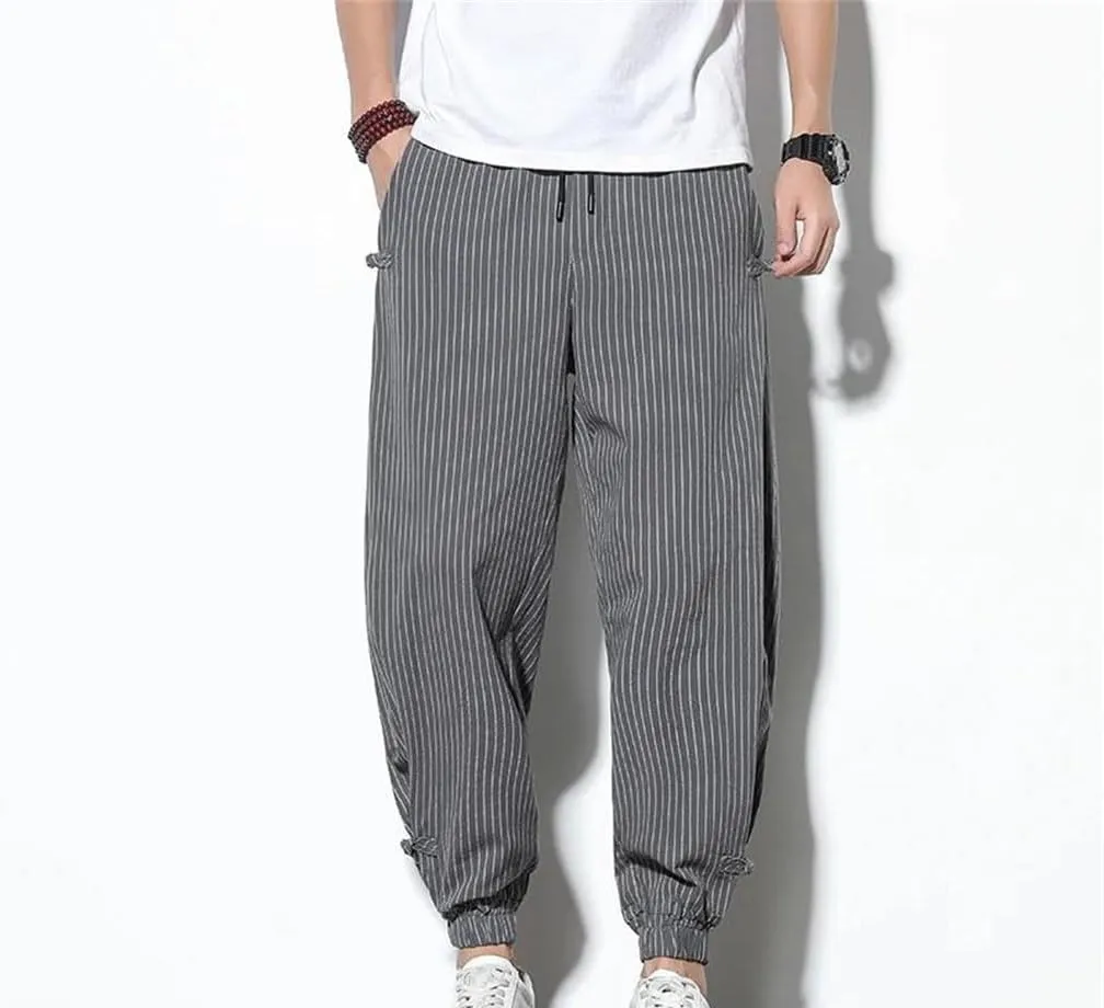 Men Buckle Striped Harem Pants Breathable Cotton Linen Pencil Pants Buckle Casual Jogging Trousers