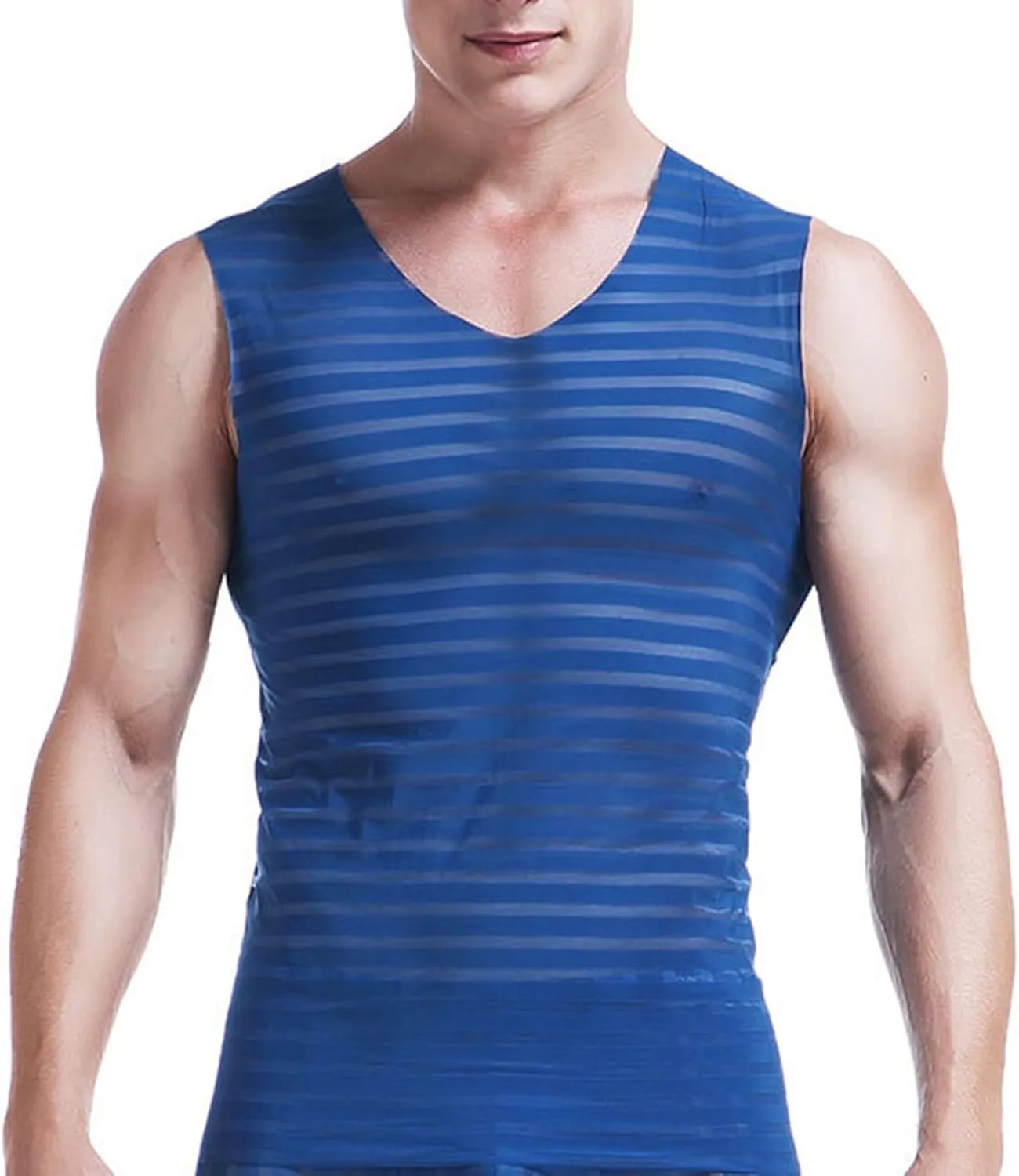 Men Mesh Striped Ice Silk Vest Summer Breathable V Neck T Shirt Fitness See Through Undershirt