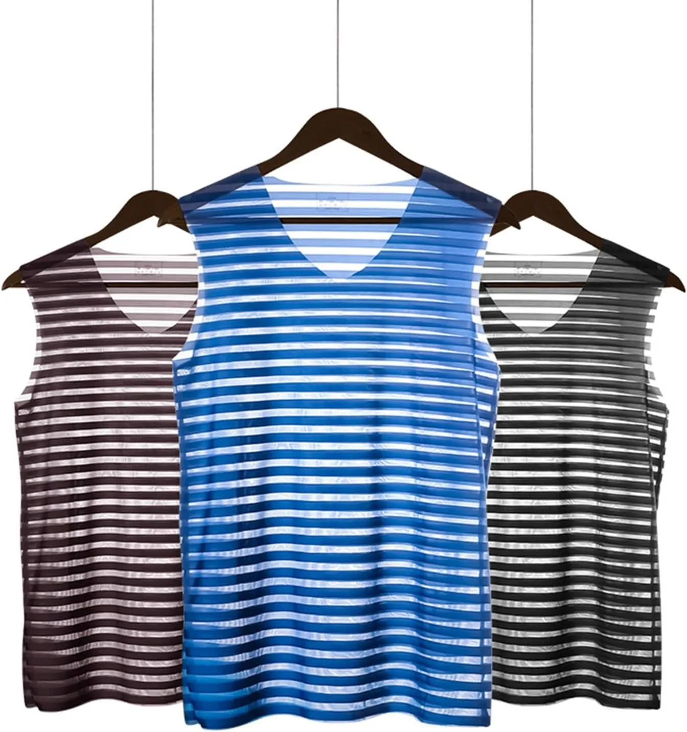 Men Mesh Striped Ice Silk Vest Summer Breathable V Neck T Shirt Fitness See Through Undershirt