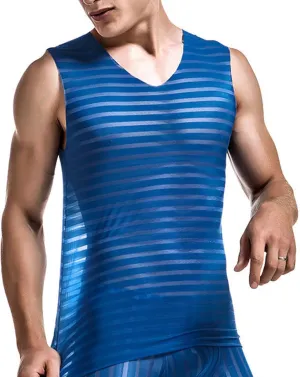 Men Mesh Striped Ice Silk Vest Summer Breathable V Neck T Shirt Fitness See Through Undershirt