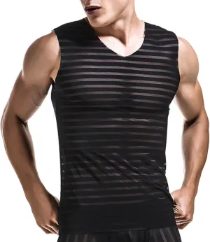 Men Mesh Striped Ice Silk Vest Summer Breathable V Neck T Shirt Fitness See Through Undershirt