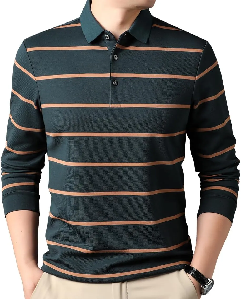 Mens Casual Button Up Striped Long Sleeve Collared T Shirt Polo Shirts