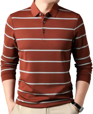 Mens Casual Button Up Striped Long Sleeve Collared T Shirt Polo Shirts