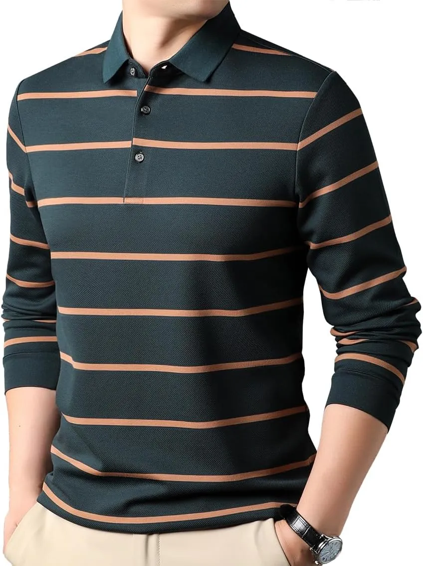 Mens Casual Button Up Striped Long Sleeve Collared T Shirt Polo Shirts