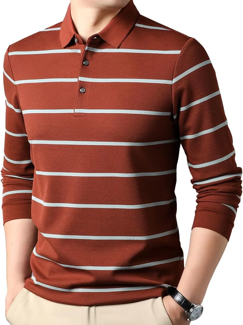 Mens Casual Button Up Striped Long Sleeve Collared T Shirt Polo Shirts
