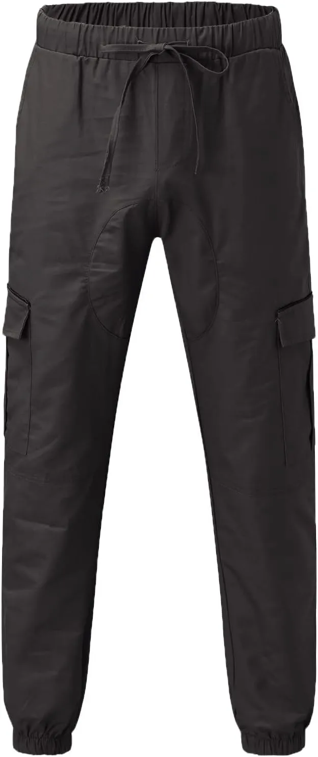 Mens Casual Cotton Cargo Pants Elastic Drawstring Joggers with Pockets Outdoor Sport Trousers Hiking Sweatpants