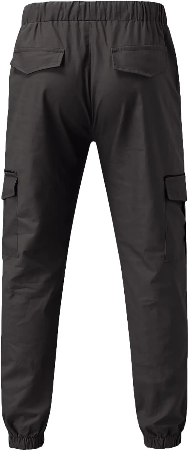 Mens Casual Cotton Cargo Pants Elastic Drawstring Joggers with Pockets Outdoor Sport Trousers Hiking Sweatpants