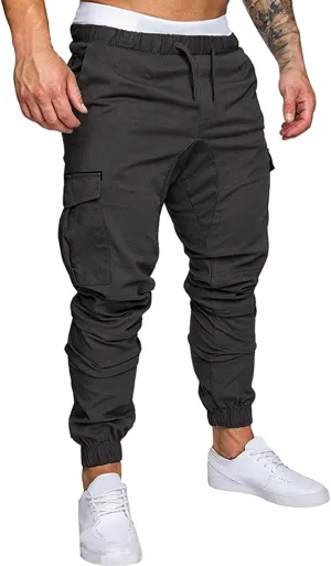 Mens Casual Cotton Cargo Pants Elastic Drawstring Joggers with Pockets Outdoor Sport Trousers Hiking Sweatpants