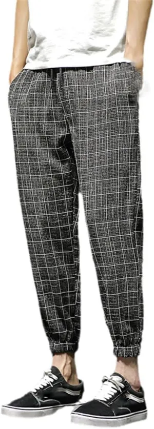 Men's Casual Trousers Plaid Harem Pants Men's Lightweight Ankle Loose Men's Casual Trousers