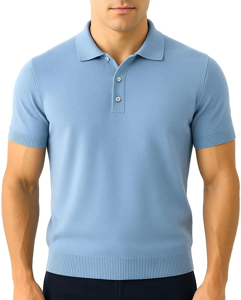 Men's Classic-Fit 100% Cotton Polo, Breathable Lightweight Soft Short-Sleeve Knit Shirt in Beige, Light Blue.