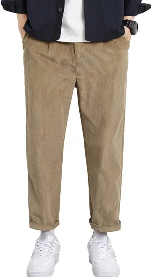 Men's Corduroy Flat Front Pants Straight Leg Slim Fit Corduroy Pant Vintage Classic Stretch Chino Trousers