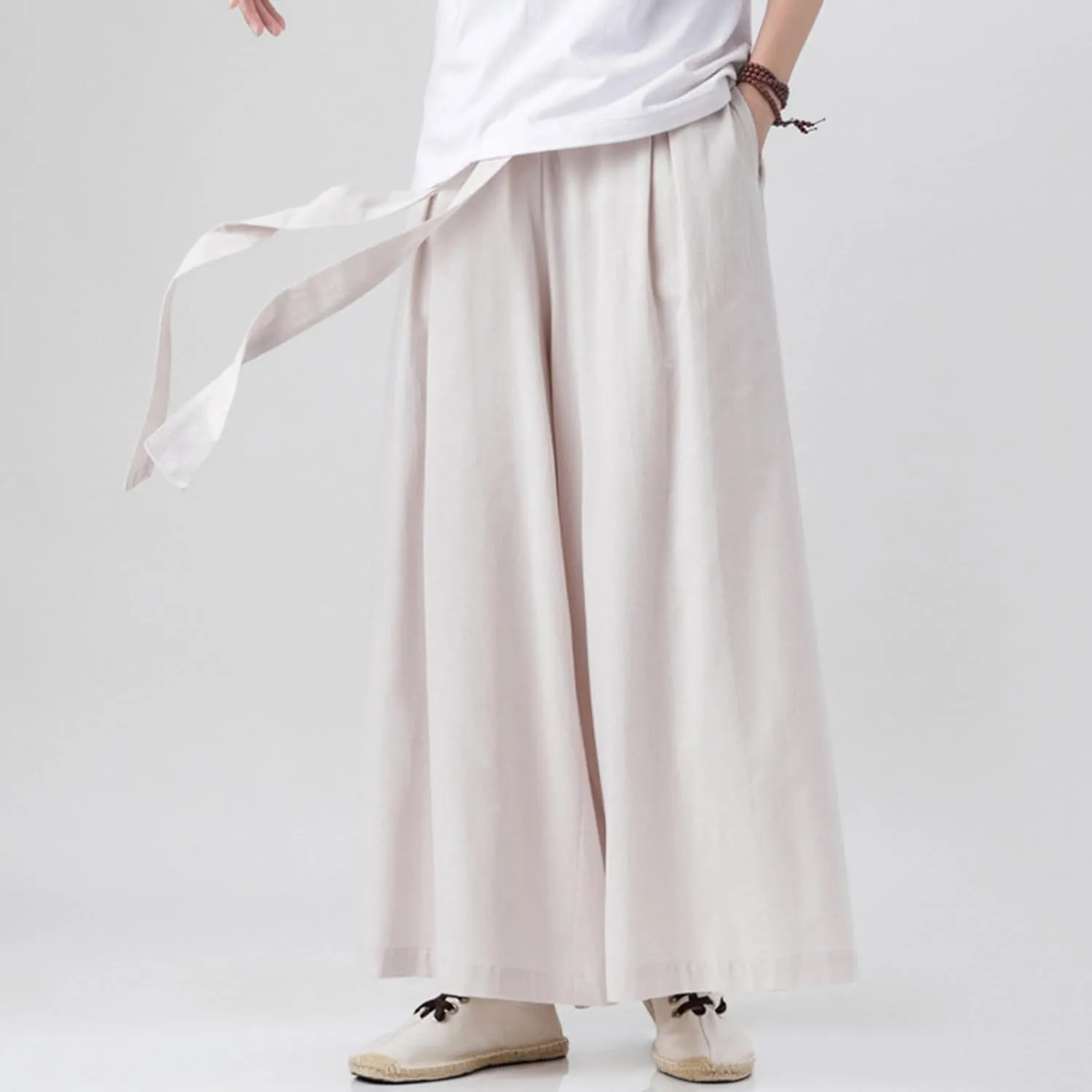 Men's Cotton Linen Harem Pants Linen Japanese Breathable Hip Hop Baggy Skirt Pants Capri Pant