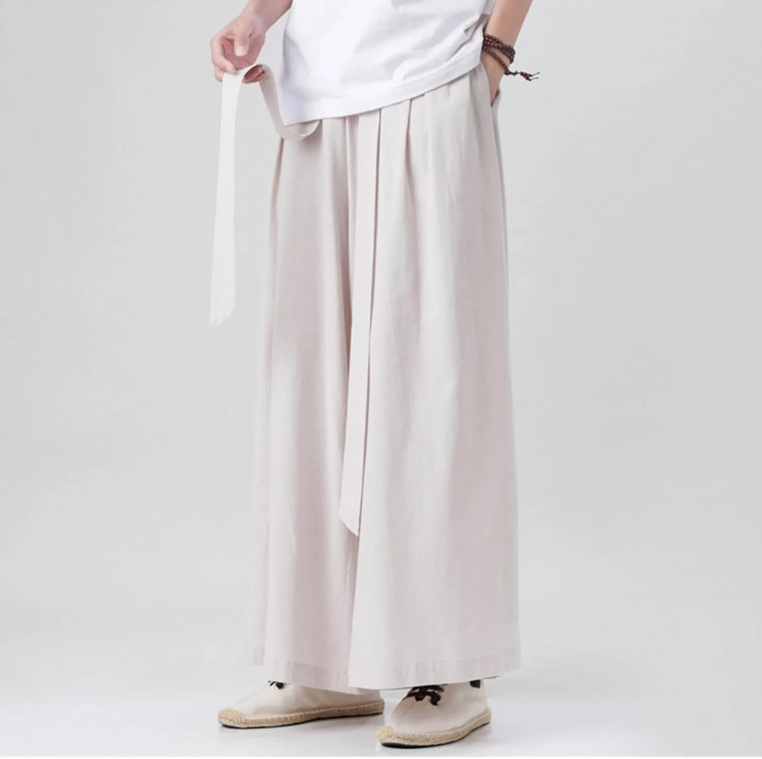 Men's Cotton Linen Harem Pants Linen Japanese Breathable Hip Hop Baggy Skirt Pants Capri Pant