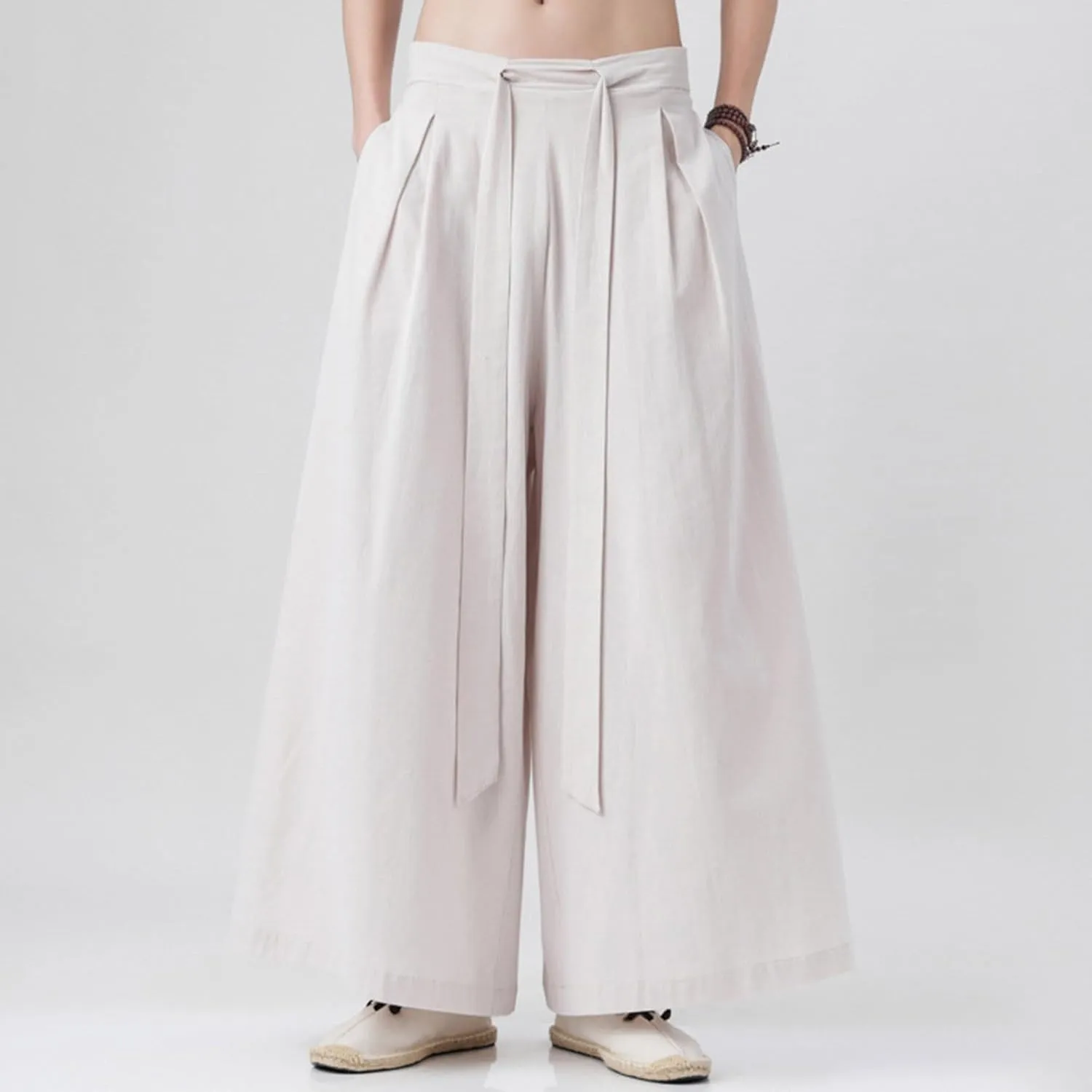 Men's Cotton Linen Harem Pants Linen Japanese Breathable Hip Hop Baggy Skirt Pants Capri Pant