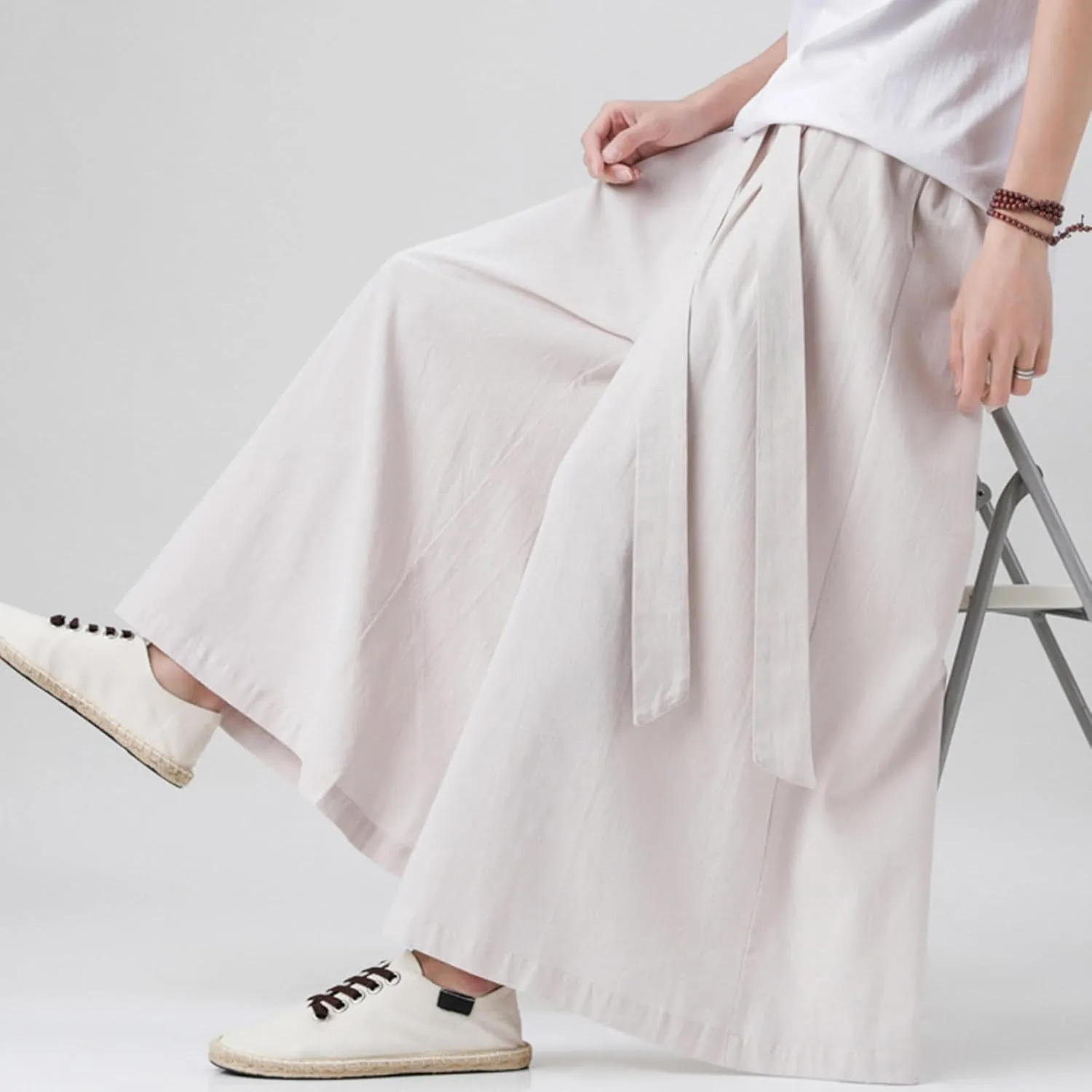 Men's Cotton Linen Harem Pants Linen Japanese Breathable Hip Hop Baggy Skirt Pants Capri Pant