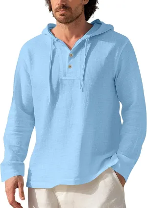 Mens Cotton Linen Hoodies Sun Protection Lightweight Beach Shirt Long Sleeve V Neck Button Down Hooded Shirt