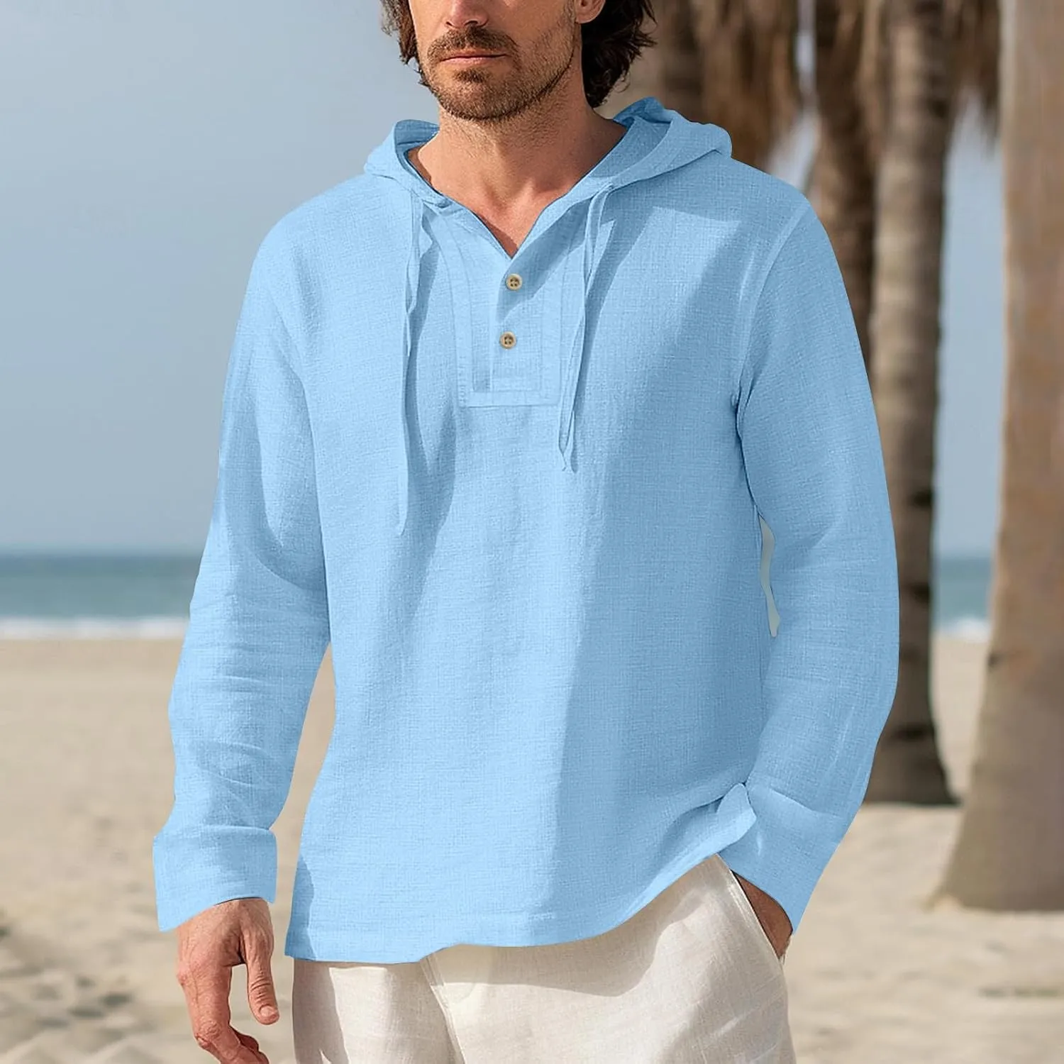 Mens Cotton Linen Hoodies Sun Protection Lightweight Beach Shirt Long Sleeve V Neck Button Down Hooded Shirt