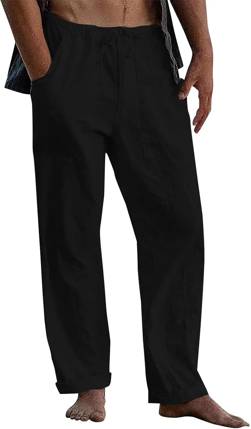 Men's Cotton Linen Pants Elastic Waist Drawstring Sweatpants with Pockets Casual Joggers Summer Beach Trousers