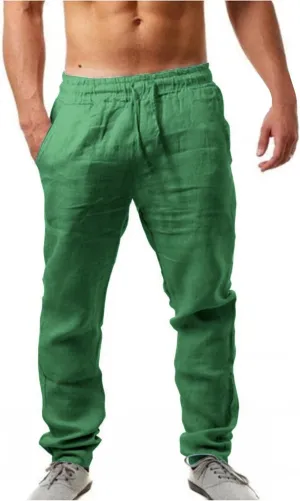 Mens Cotton Linen Pants Lightweight Drawstring Elastic Waist Trouser Wide Leg Joggers Hiking Sweatpants Yoga Pants