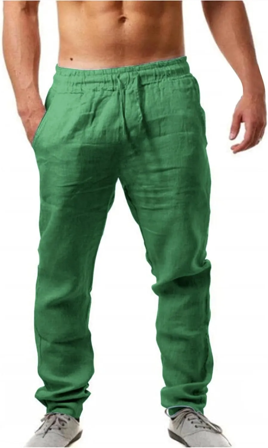 Mens Cotton Linen Pants Lightweight Drawstring Elastic Waist Trouser Wide Leg Joggers Hiking Sweatpants Yoga Pants