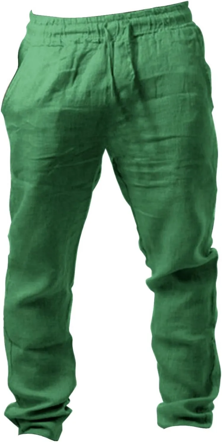 Mens Cotton Linen Pants Lightweight Drawstring Elastic Waist Trouser Wide Leg Joggers Hiking Sweatpants Yoga Pants