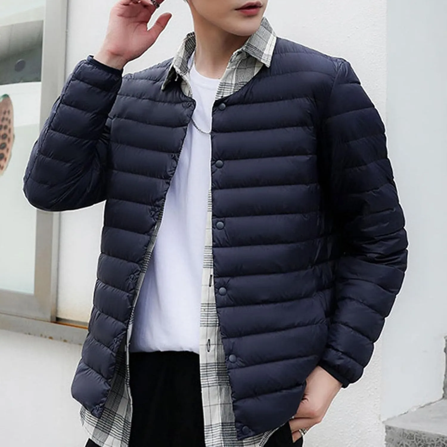 Men's Down Jacket Male Lightweight Puffer Winter Collarless Jacket Man Warm Inner Down Jacket Liner