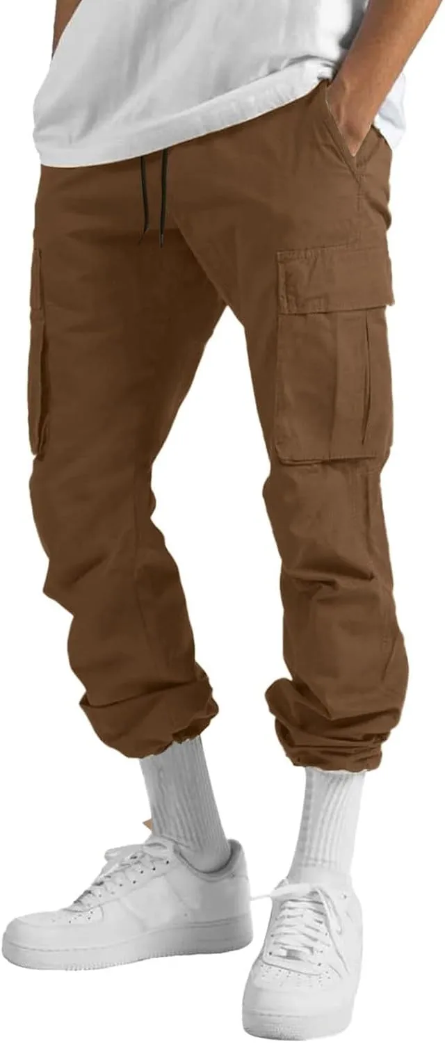 Mens Drawstring Cargo Pants Casual Solid Stretch Waist Sweatpants Athletic Running Tactical Trousers with Pockets