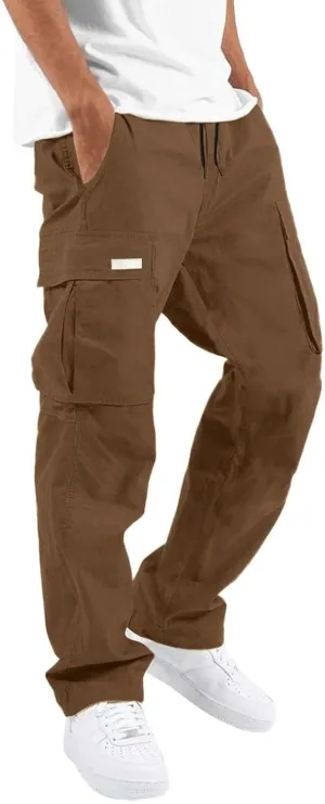 Mens Drawstring Cargo Pants Casual Solid Stretch Waist Sweatpants Athletic Running Tactical Trousers with Pockets