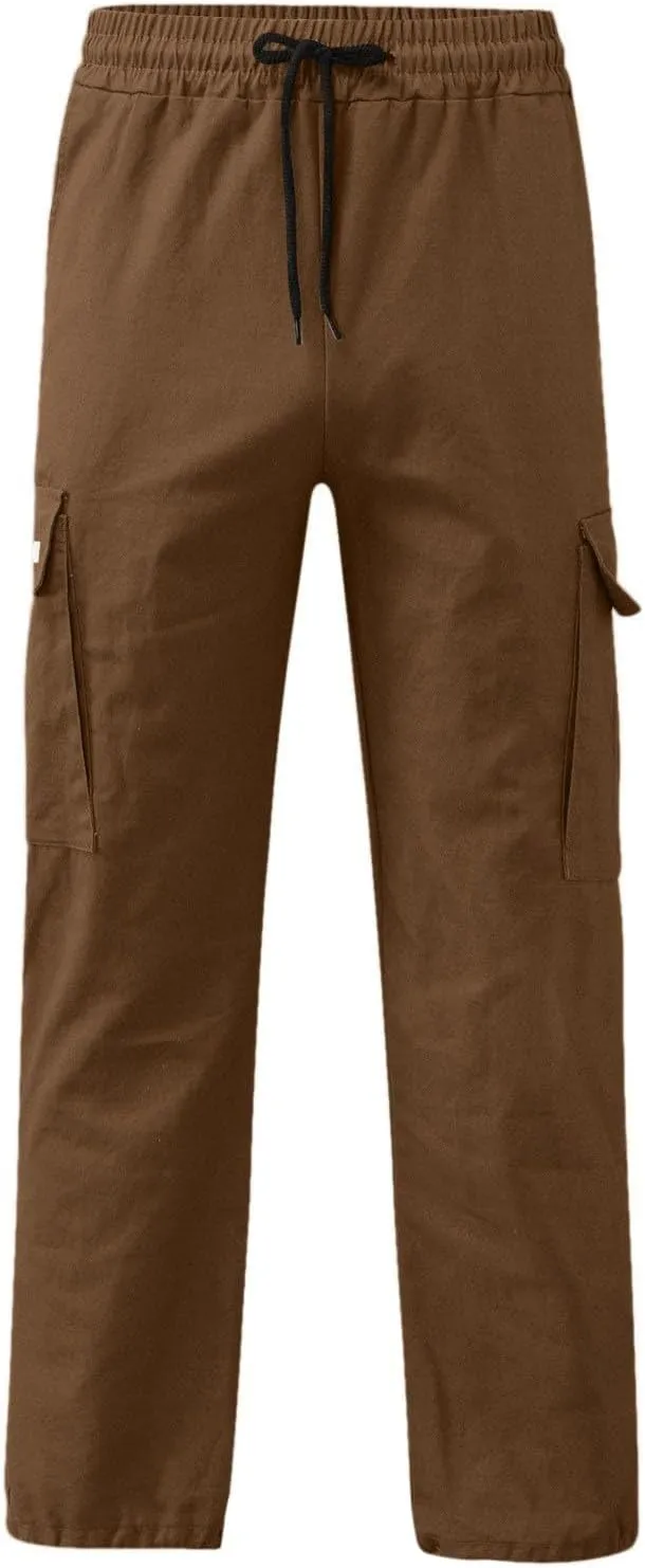 Mens Drawstring Cargo Pants Casual Solid Stretch Waist Sweatpants Athletic Running Tactical Trousers with Pockets
