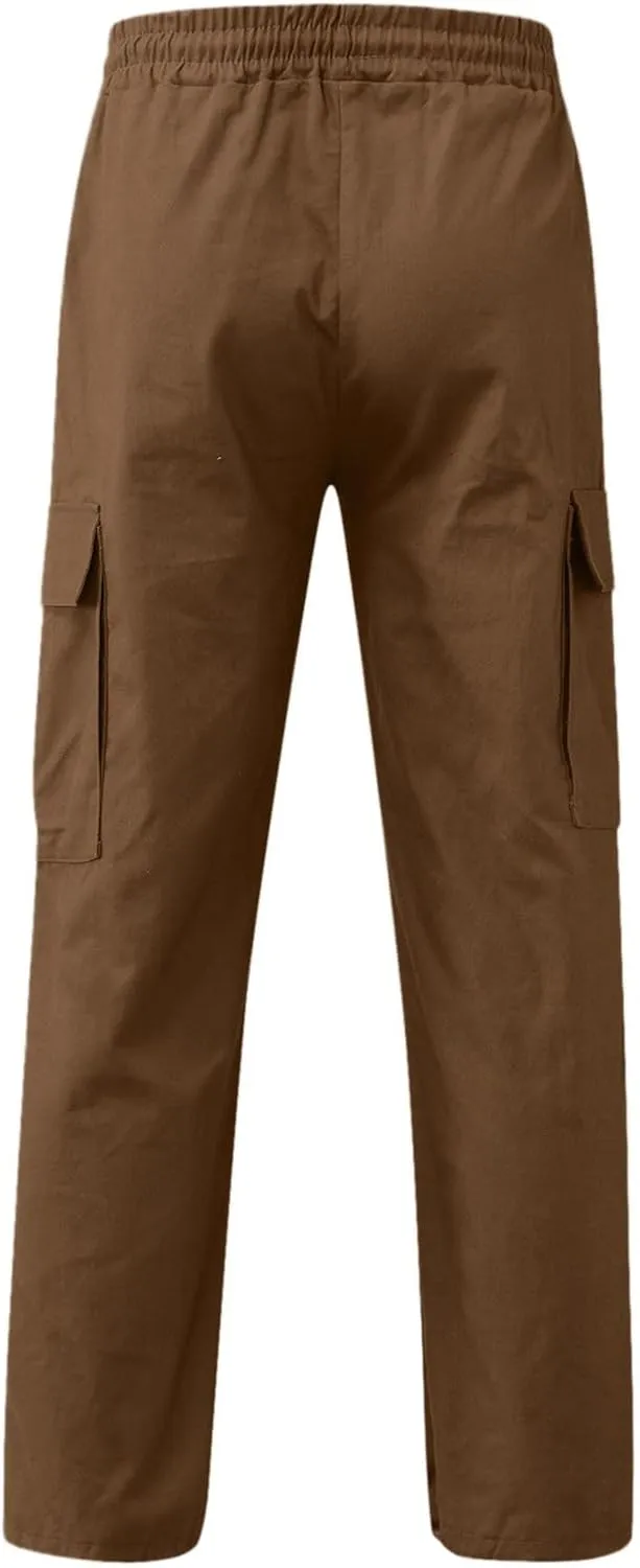 Mens Drawstring Cargo Pants Casual Solid Stretch Waist Sweatpants Athletic Running Tactical Trousers with Pockets