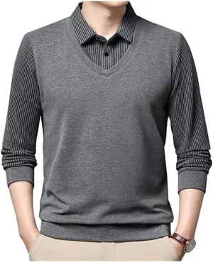 Men's Fake 2-Piece Knitted Shirt,Warm Anti-Wrinkle Two-Piece,Business Casual Fleece Thickening Dress Polo Shirts