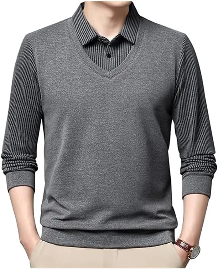 Men's Fake 2-Piece Knitted Shirt,Warm Anti-Wrinkle Two-Piece,Business Casual Fleece Thickening Dress Polo Shirts