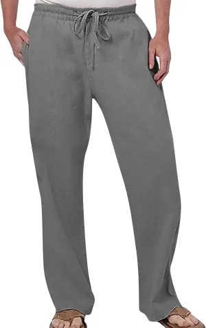 Mens Fashion Casual Solid Color Cotton and Linen Pants Elastic Waist Drawstring Pants Trousers with Pockets