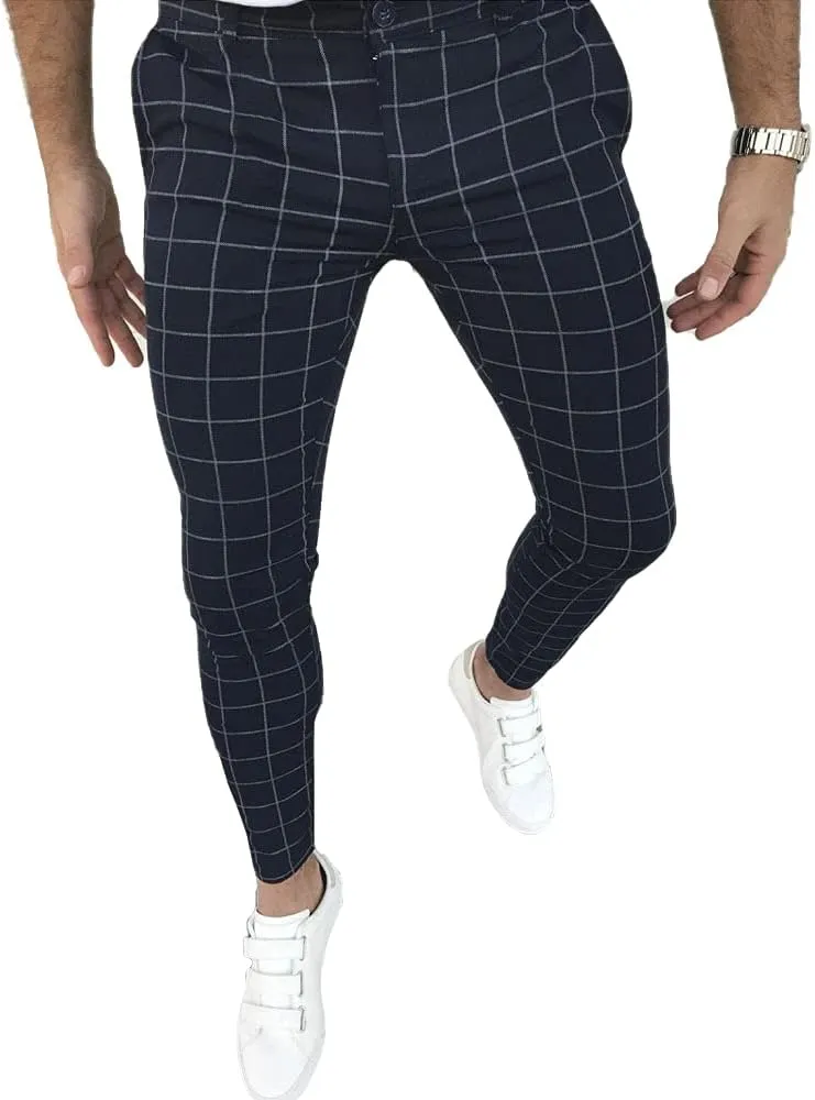 Men's Fashion Stretch Dress Pants Slim Fit Plaid Skinny Long Pants Casual Business Golf Dress Pants