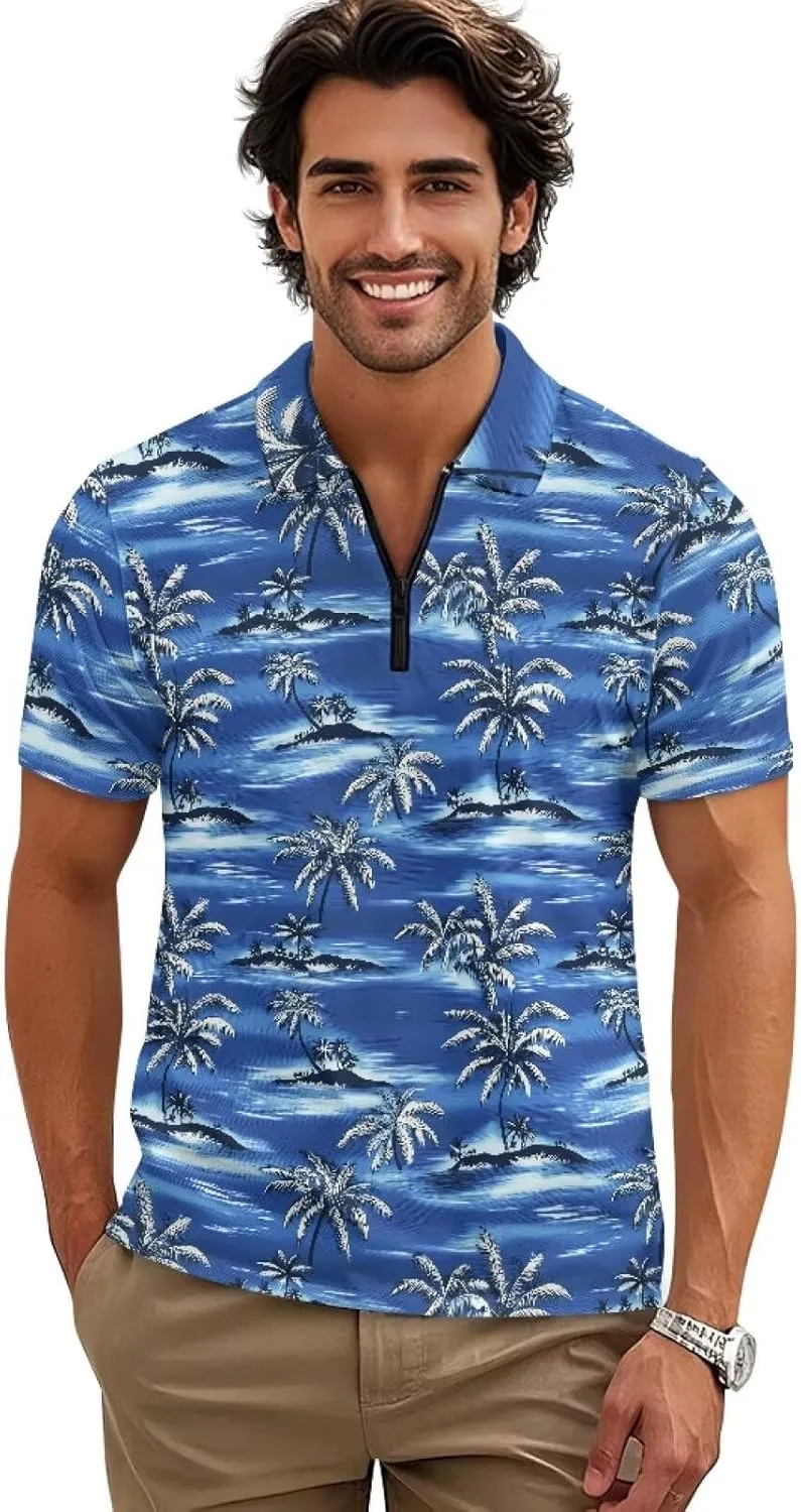 Men's Golf Shirts Short Sleeve Zipper Shirt Casual Slim Fit Sports Golf Shirt Summer Athletic Tennis Tops