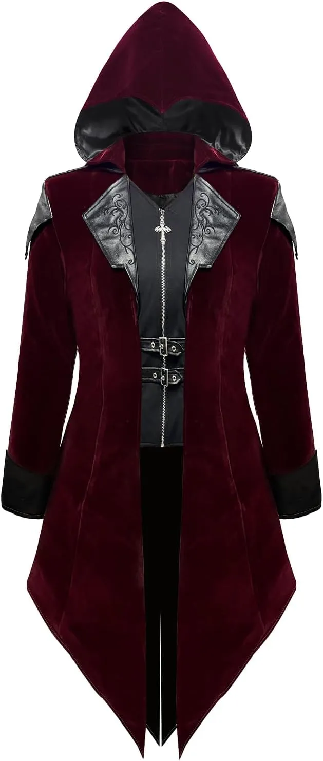 Men's Gothic Steampunk Coat | Medieval Vampire Jacket w/Velvet Trim Renaissance Pirate Trench Cosplay