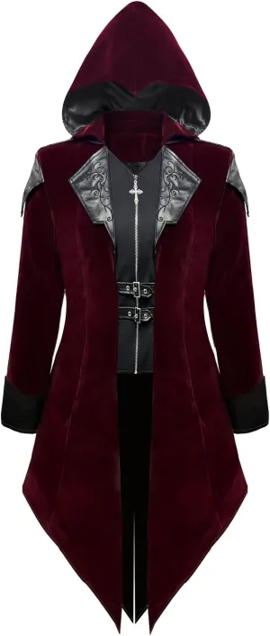 Men's Gothic Steampunk Coat | Medieval Vampire Jacket w/Velvet Trim Renaissance Pirate Trench Cosplay