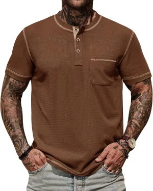 Mens Henley Shirts Casual Stretch Summer Lightweigh Waffle Short Sleeve T-Shirt with Pocket (S-XXL)