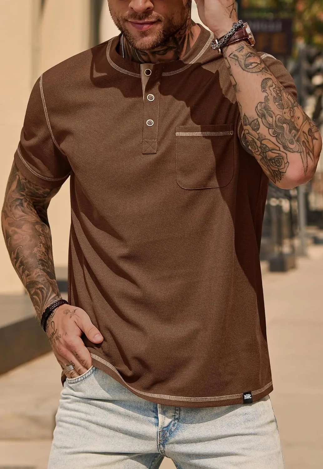 Mens Henley Shirts Casual Stretch Summer Lightweigh Waffle Short Sleeve T-Shirt with Pocket (S-XXL)