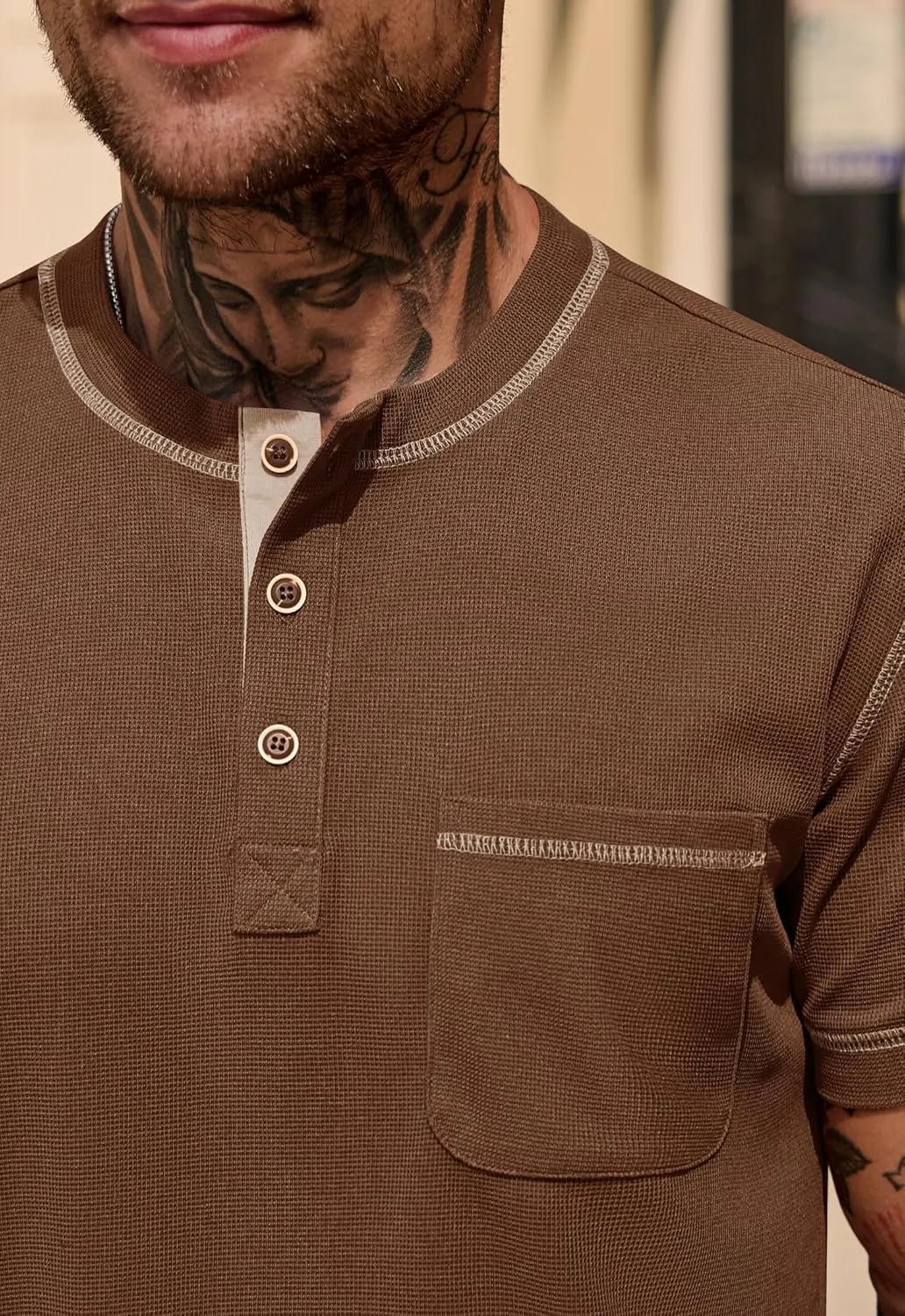 Mens Henley Shirts Casual Stretch Summer Lightweigh Waffle Short Sleeve T-Shirt with Pocket (S-XXL)